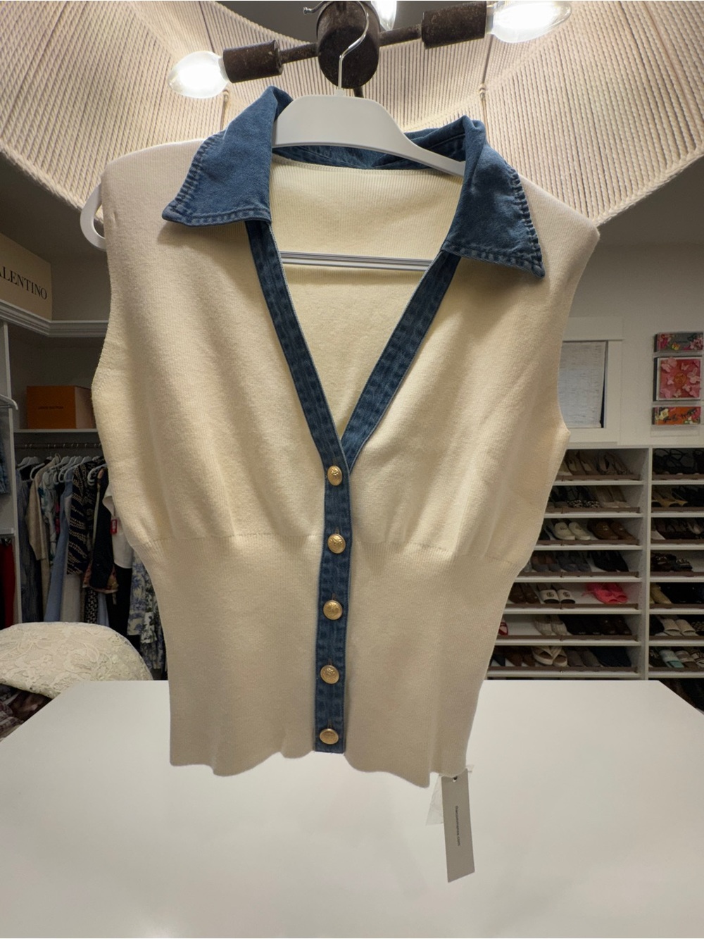 Commense Cream Knit Vest with Blue Denim Trim - Picture 6 of 14